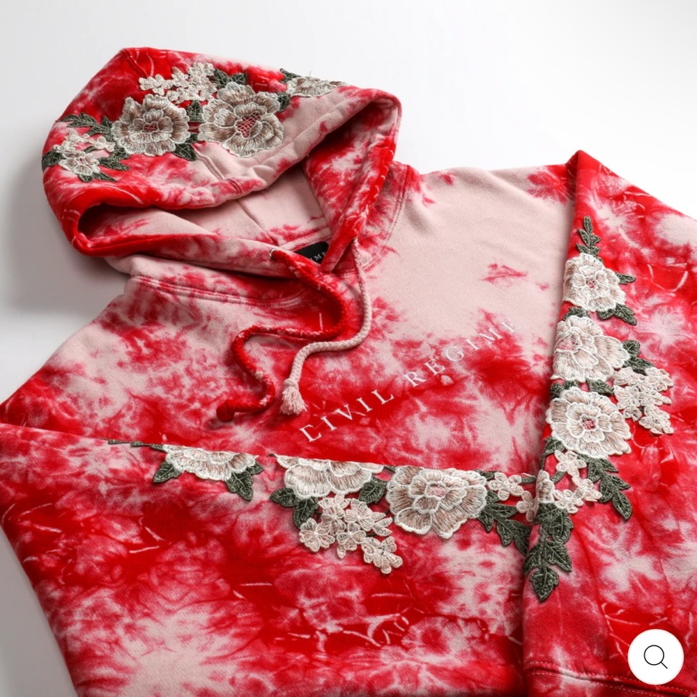 White & Red Marble Hoodie With Embroidered/Stitched roses on sleeves & hood.